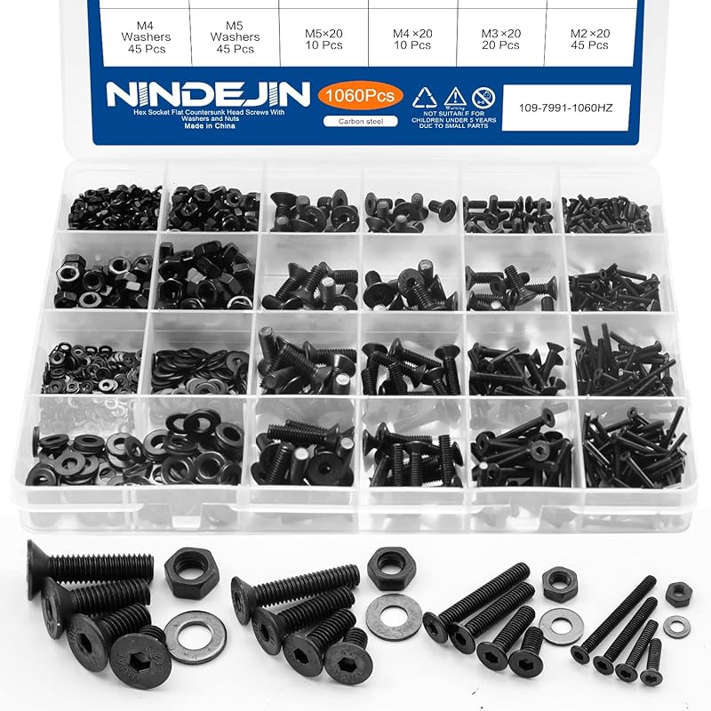 NINDEJIN Metric Button Head Socket Cap Screw Bolts & Flat Washers & Nuts Assortment Kit M2 M3 M4 M5 Stainless Steel Machine Screws Set and Wrench,