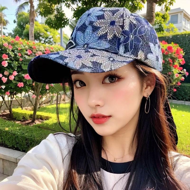 Summer lace rhinestone bow baseball hat women's new mesh breathable sunscreen shade cap