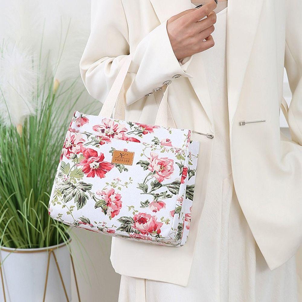 Portable Canvas Lunch Bag Floral Print Large Capacity Ice Bag Foil Lining Lunch Box Handbag for Women