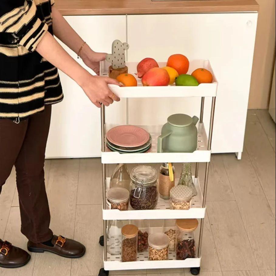 3/4 Tier WHite Storage Kitchen Bathroom Cart with Wheels Mobile Shelving Unit Utility Rolling Organizer For Home Narrow Places
