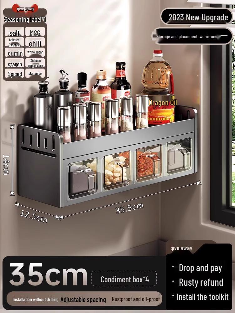

Настенная кухонная полка для специй без сверления с многофункциональными емкостями для приправ