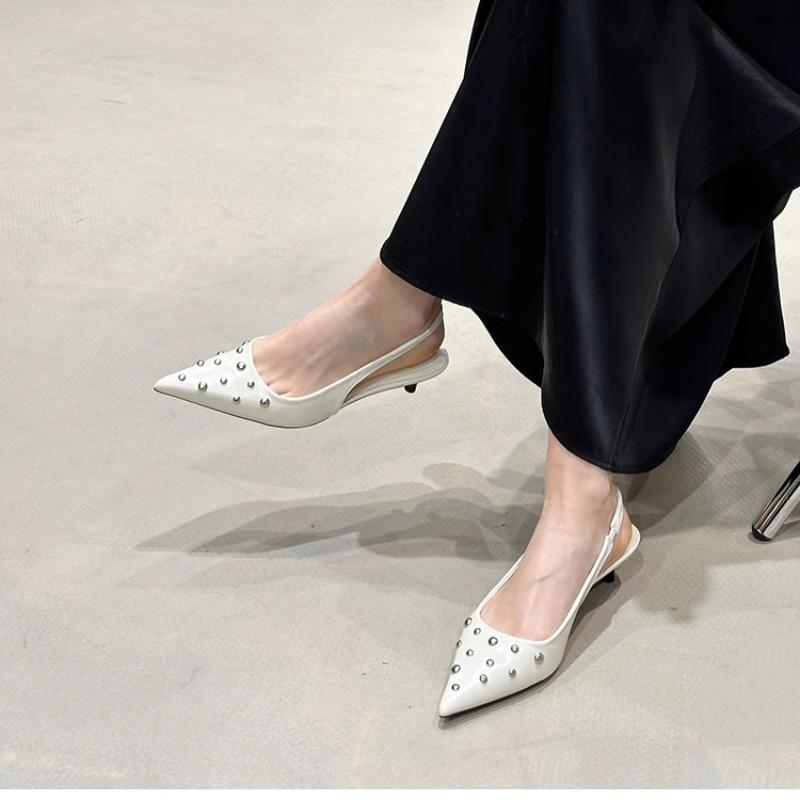 Fashion New Summer Women's Sandals Metal Rivet High Heels Footwear Elegant Slingback Pointed Slip on Party Lady Pumps Shoes