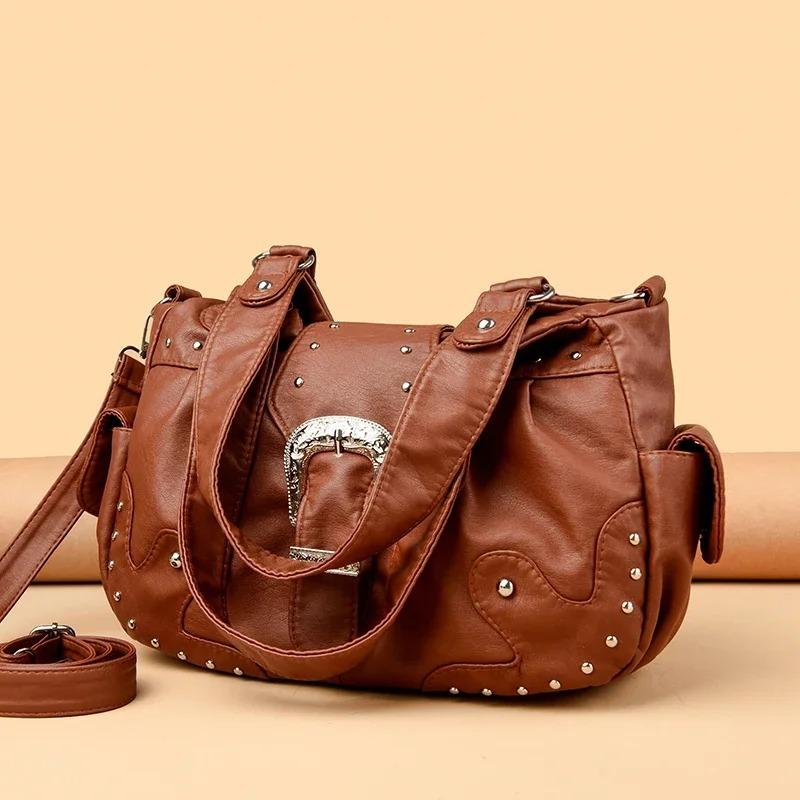 Stilvolle Lederhandtasche mit silbernen Nieten und Metallschnalle Damen Hohe Kapazität Vintage Weiches Leder Damen Lässige Schulter-Umhängetasche Reise