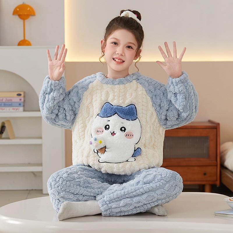 Girls Winter Warm Coral Fleece Pajama Set Long Sleeve Cartoon Print Kids Home Wear Sleepwear Ages 8