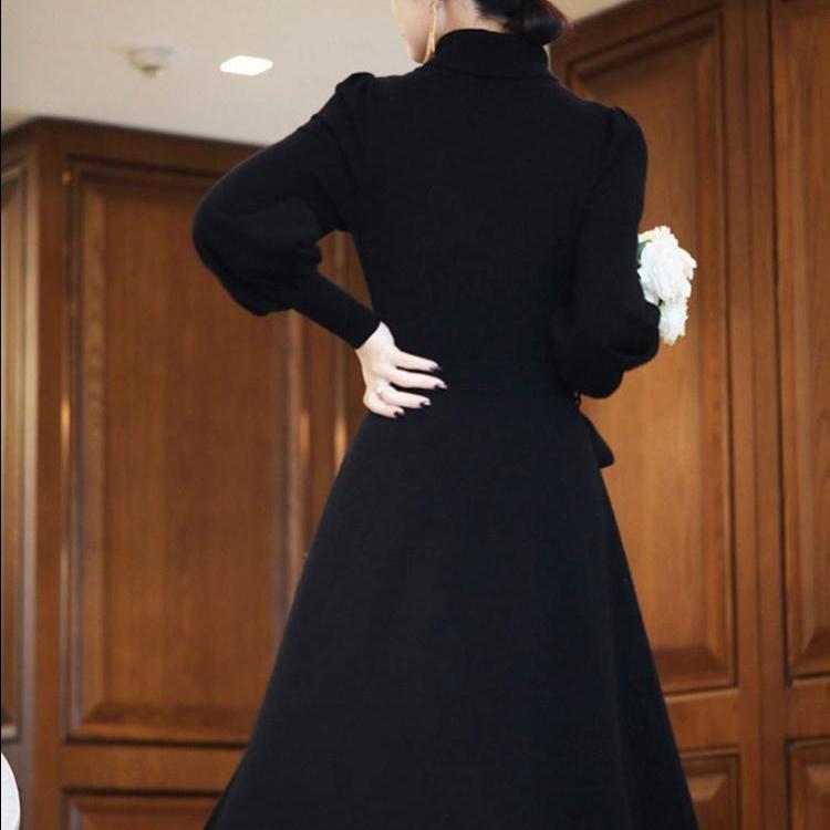 Pletené dlouhé šaty s polovičním rolákem pro podzimní a zimní dámské nošení, svetrové šaty ke kolenům, svetrové šaty střední délky se stahováním v pase, svetr