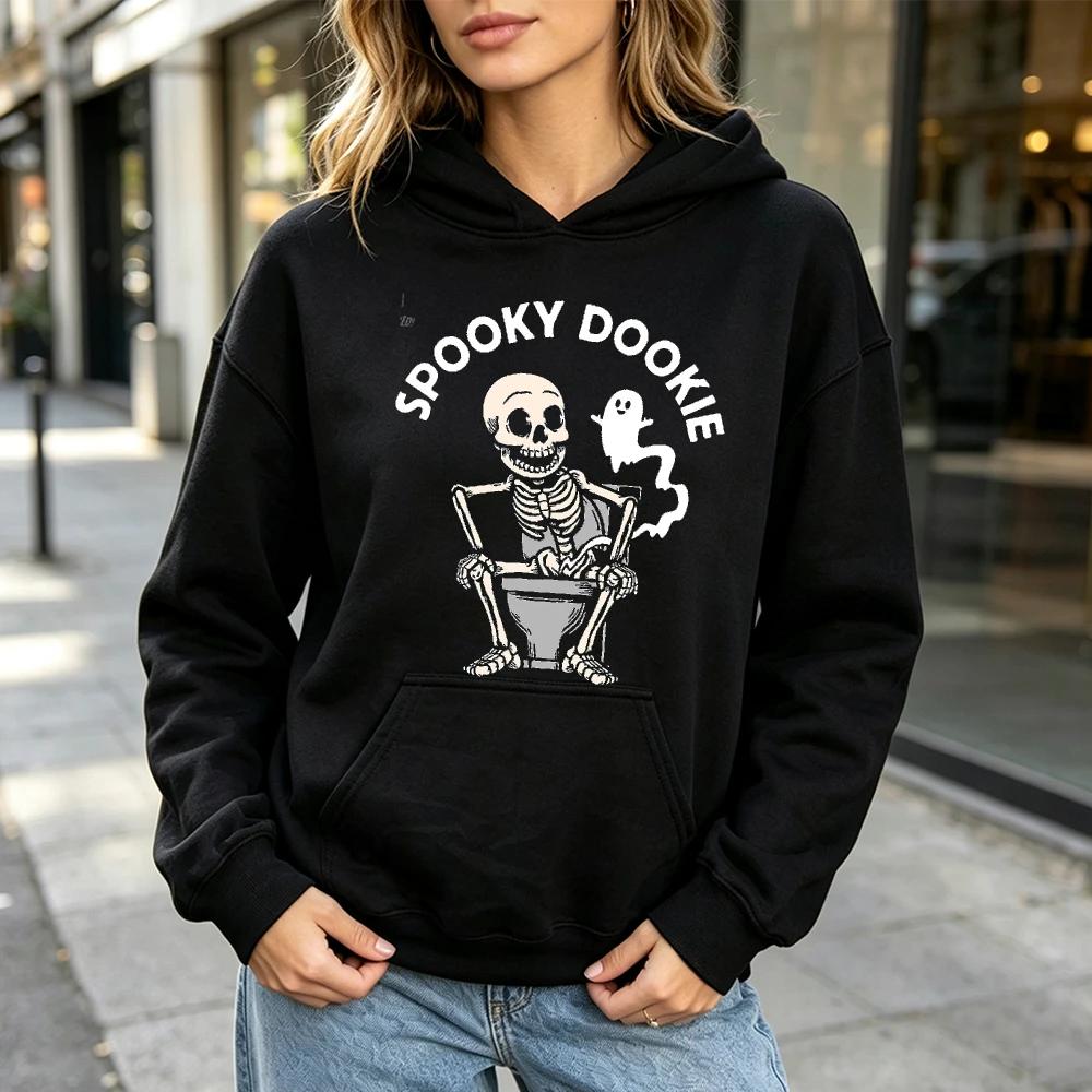 Funny Spooky Skeleton Toilet Graphic Printing Women Hoodie Vintage Halloween Ghost Sweatshirt Loose Casual Women Autumn Pullover