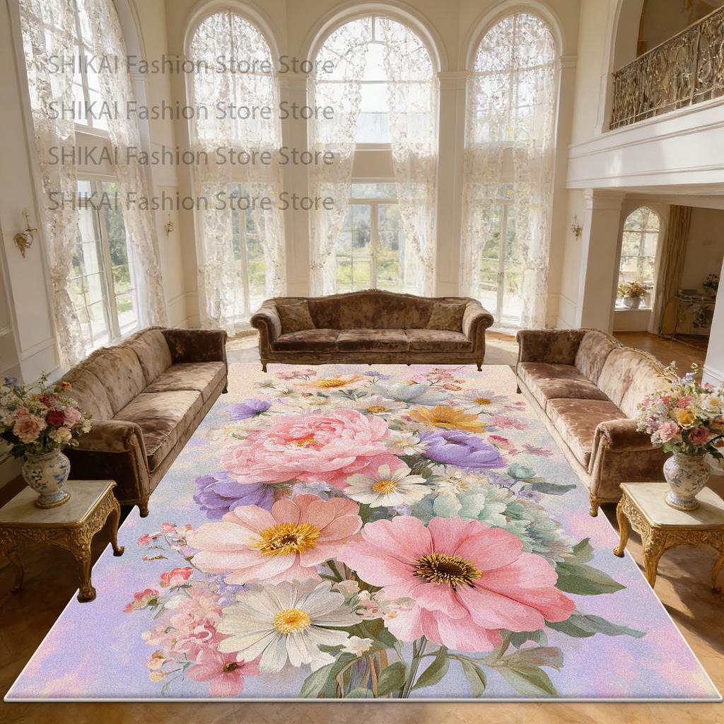 French Countryside Flower Style Living Room Rug Home Decoration Luxury Washable Soft Carpet Large Area Non-slip Fluffy Floor Mat