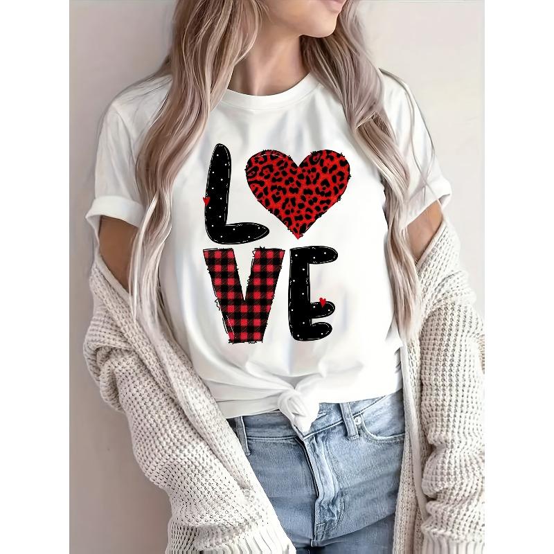 

European Size Romantic Simple Elegant Vacation Fashion Red Black Plaid Leopard Print Heart Letter Slogan Graphic Breathable Crew Neck Short Sleeve 4XL