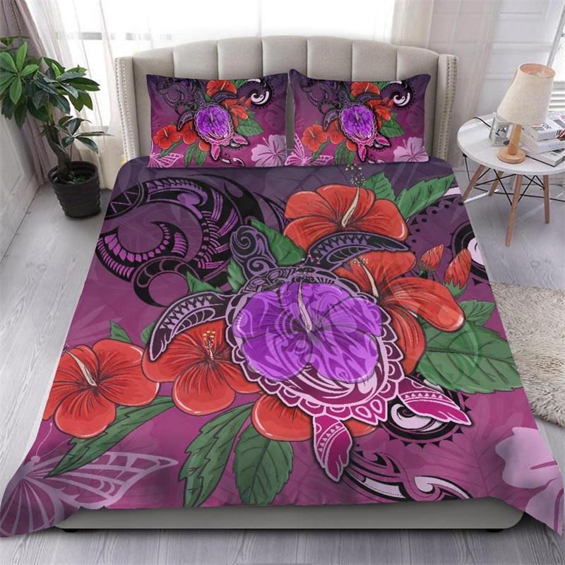 Hibiscus Floral Duvet Cover Tribal Polynesian Turtle Bedding Set Hawaiian Polyester Comforter Cover King Size For Kid Adult Teen