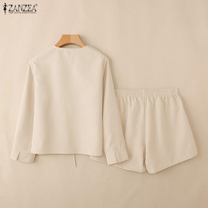 ZANZEA Zweiteiliges Sommer-Set aus langärmeliger Bluse und Shorts für Damen