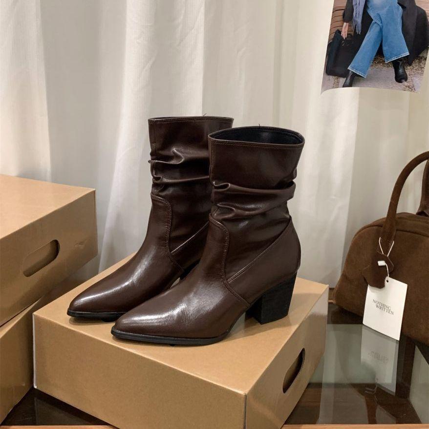 

Brown Maillard Pointed High Heel Short Boots Women s Shoes 2025 Skinny Pile Boots Spring and Autumn Single Boots Coarse Heel Martin Boots 39