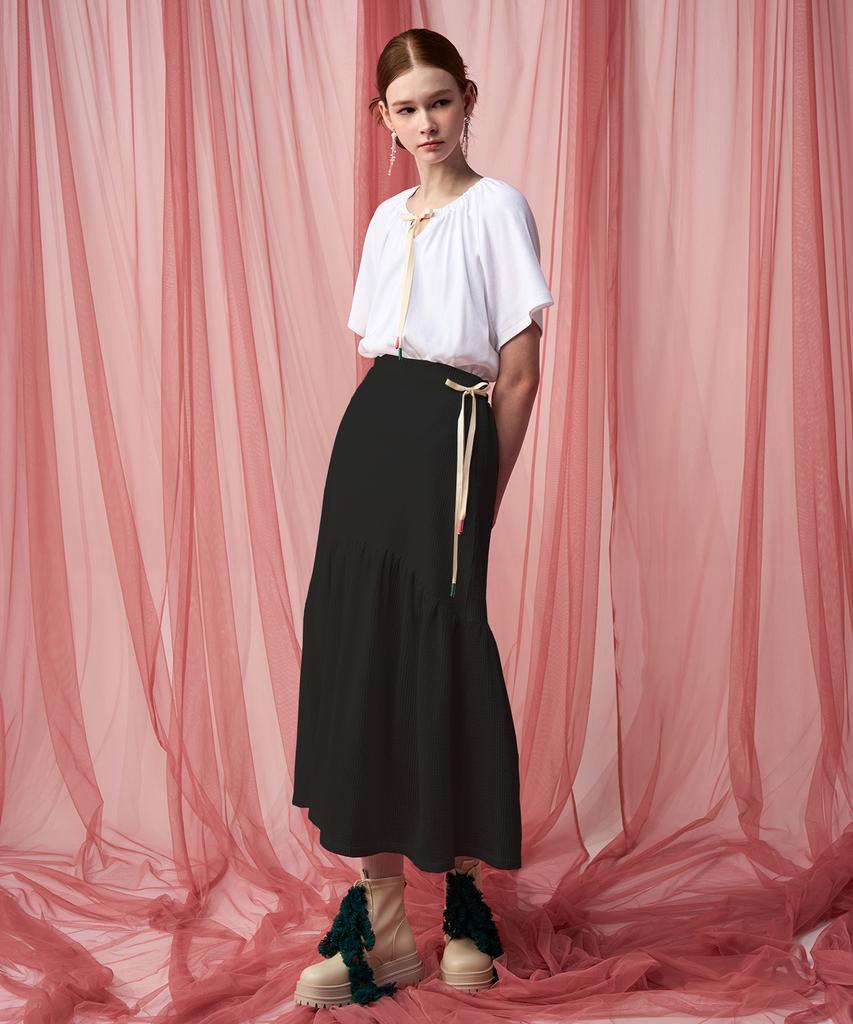 Pelimela Seersucker Flare Long Skirt (Black)