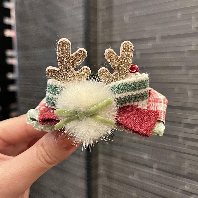 Children's Cute Christmas Antler Hair Clip with Pompon and Bow - Autumn/Winter Accessory