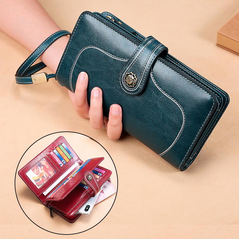 Genuine Leather RFID Women's Long Wallet with Wax Finish