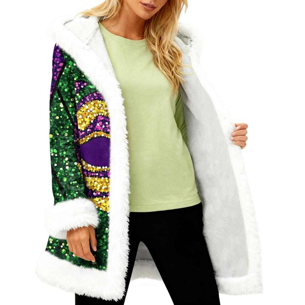 Unisex Casual And Fashionable Plush Collar Hooded Long Sleeved Carnival Print Jacket