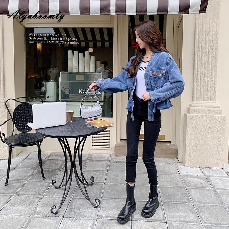 Casaco Feminino Azul Jeans Estilo Coreano Decote V Casual Solto Básico Jaqueta Feminina Streetwear Elegante Oversized