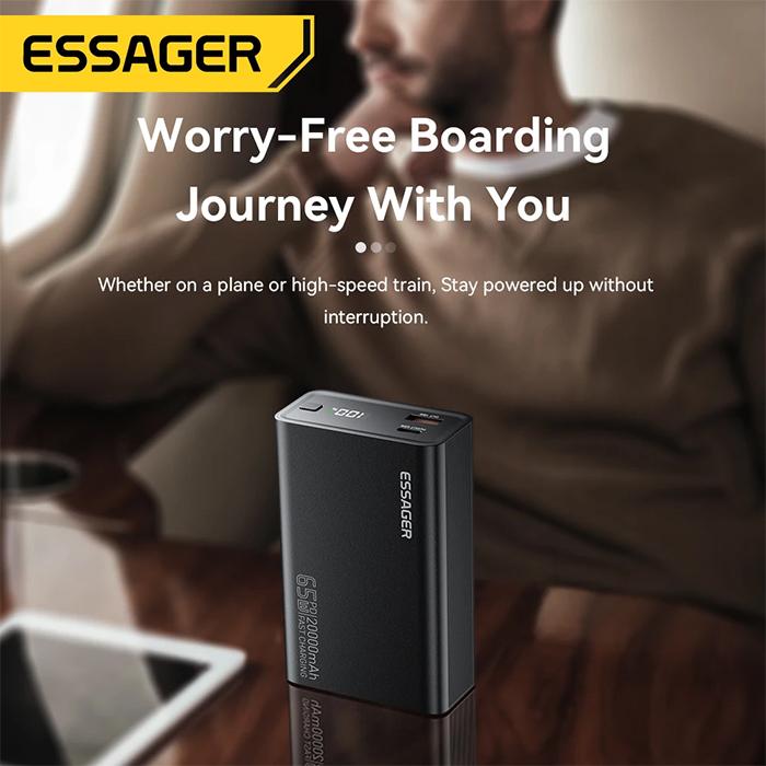 Essager 65W Power Bank 20000mAh PD Fast Charging Portable Battery Charger 3 Output Ports for iPhone 15 14 Pro Notebook Tablet