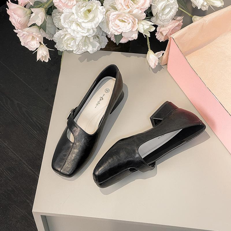 

Leather flat for Huizhou women s shoes Su Yinyin same single shoes thick heel spring new Mary Jane shoes high heel 34 чёрный