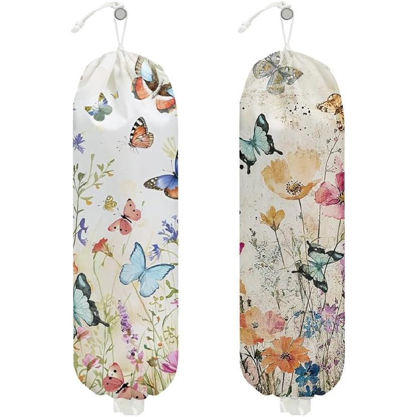2Pcs Bee Plastic Bag Holder, Wall Mount Grocery Bag Holder for Plastic Bags, Sunflower Reusable Grocery Bags Storage Dispenser for Home Kitchen