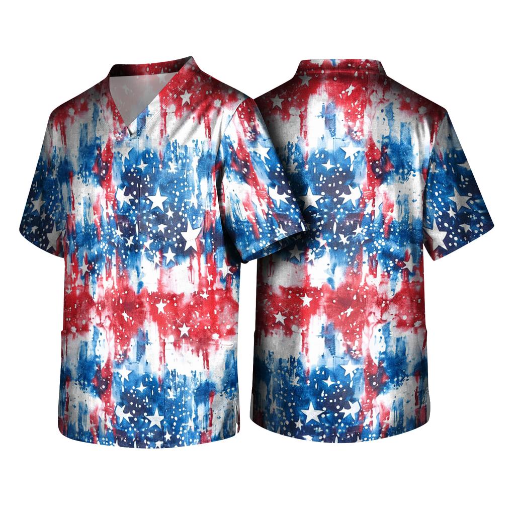 Men's Short Sleeve V-Neck  Print Chest Pocket Care Top