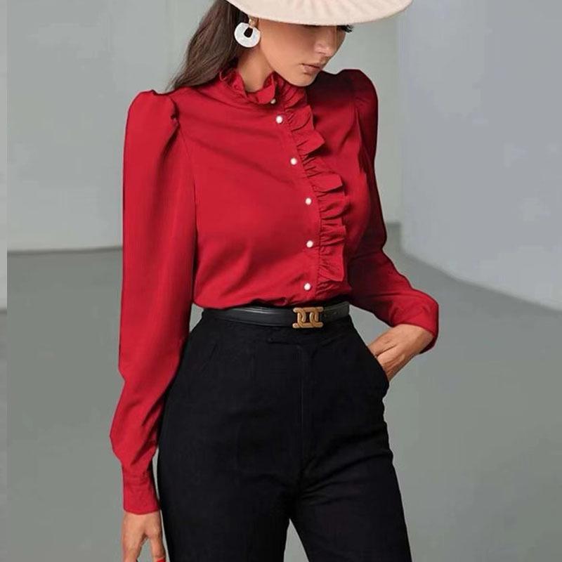 

Європейська та американська однотонна французька блузка з рюшами, довгим рукавом, для жінок, для роботи - Літо 2025. XL червоний