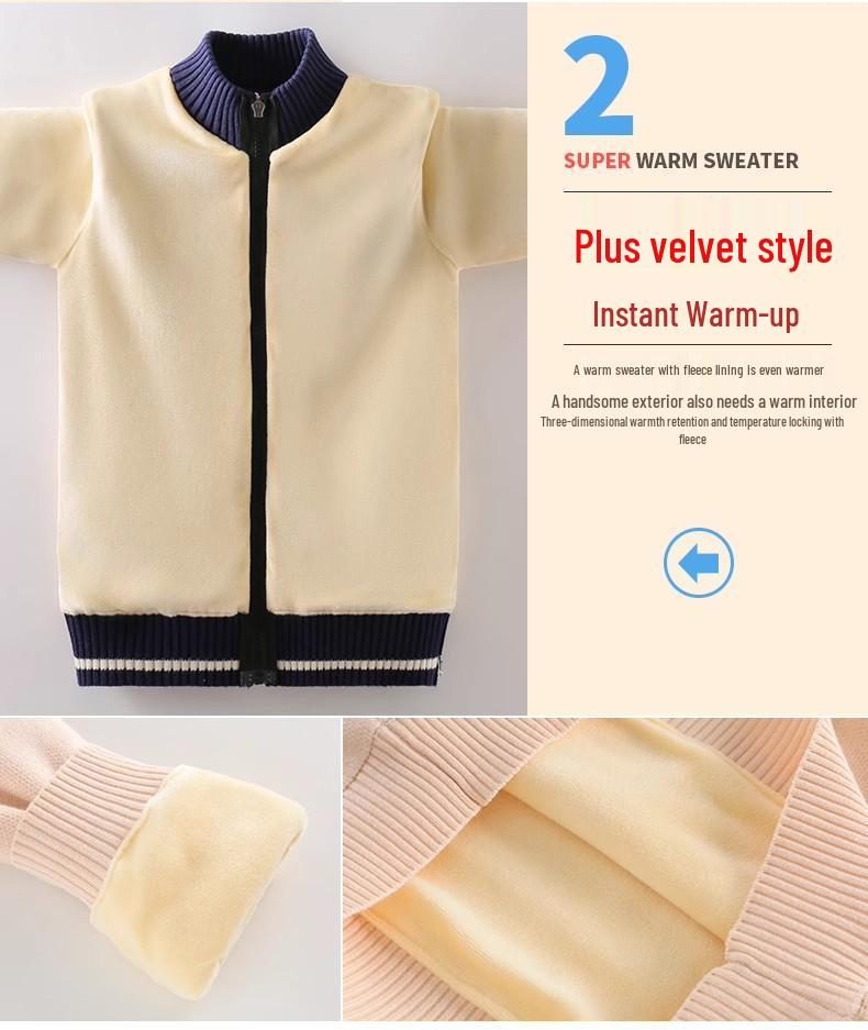 Cardigan zippé en tricot rouge pour garçon: Doublé polaire, Pur coton, Laine épaisse pour l'automne/hiver