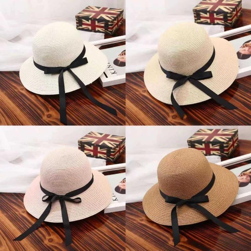 Retro bow straw hat simple and sweet versatile seaside vacation beach hat fashionable sunscreen straw hat