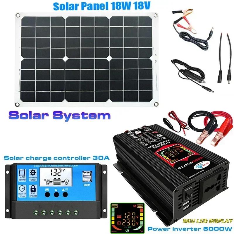 110/220V Solar Power System 18W Solar Panel Battery Charge 30A Controller 6000W 12V 220V Inverter Complete Power Generation Kit