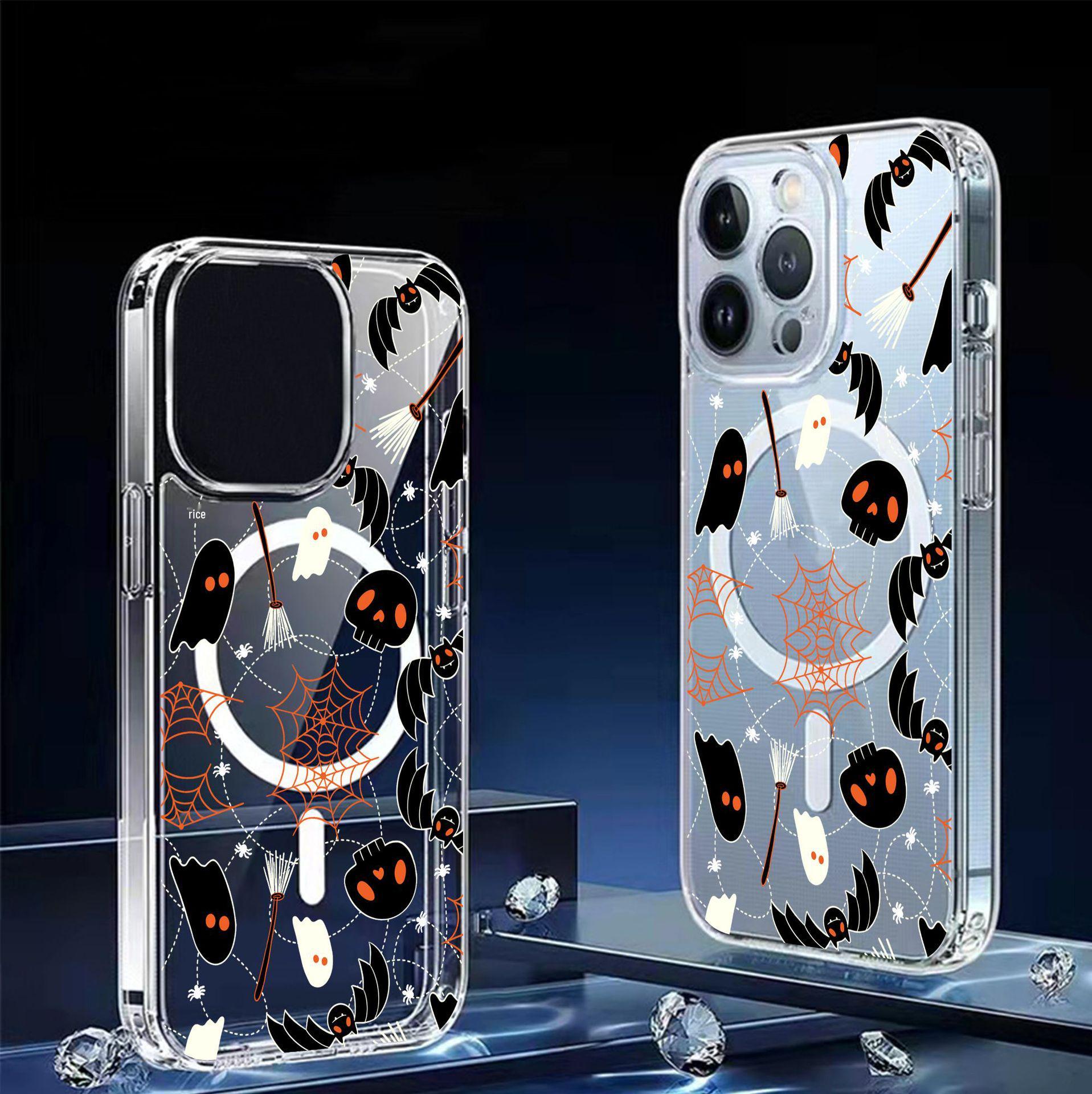 Black Skull Magnetic Clear Phone Case for iPhone 15/16/17 Pro Max iPhone 11 Pro прозрачный