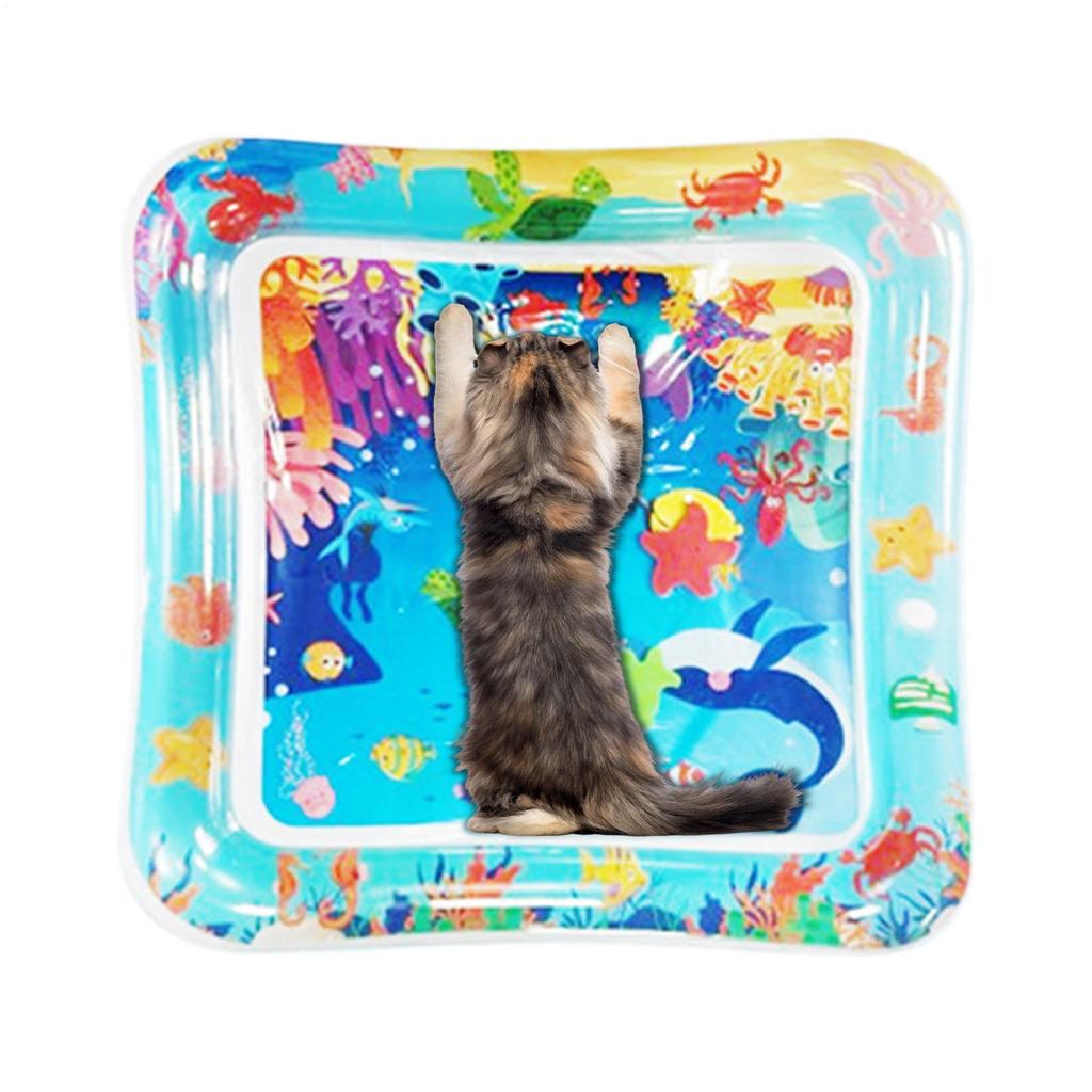 Cat Water Mat Inflatable Cooling Play Pad with Interactive Fish Toy Anti-Scratch Thickened Mat for Cats Dogs Summer Indoor Floor