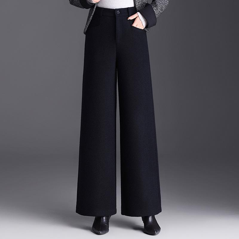 

Women s High-Waisted Gray Wool Wide-Leg Tweed Pants - Winter Drape, Slimming, Versatile, Thick, Straight Leg S темно-синий