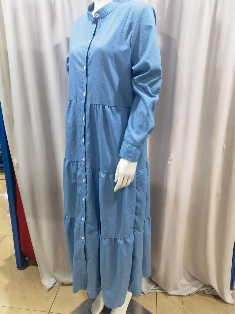 European and American Stand-up Collar Denim Button Long Dress