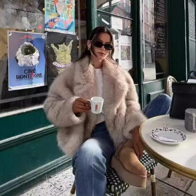 Dame Faux Fur Jakke Med Rævehårspids Detalje Oversized Kort Uldlignende Jakke Street Style Vinter Ydertøj
