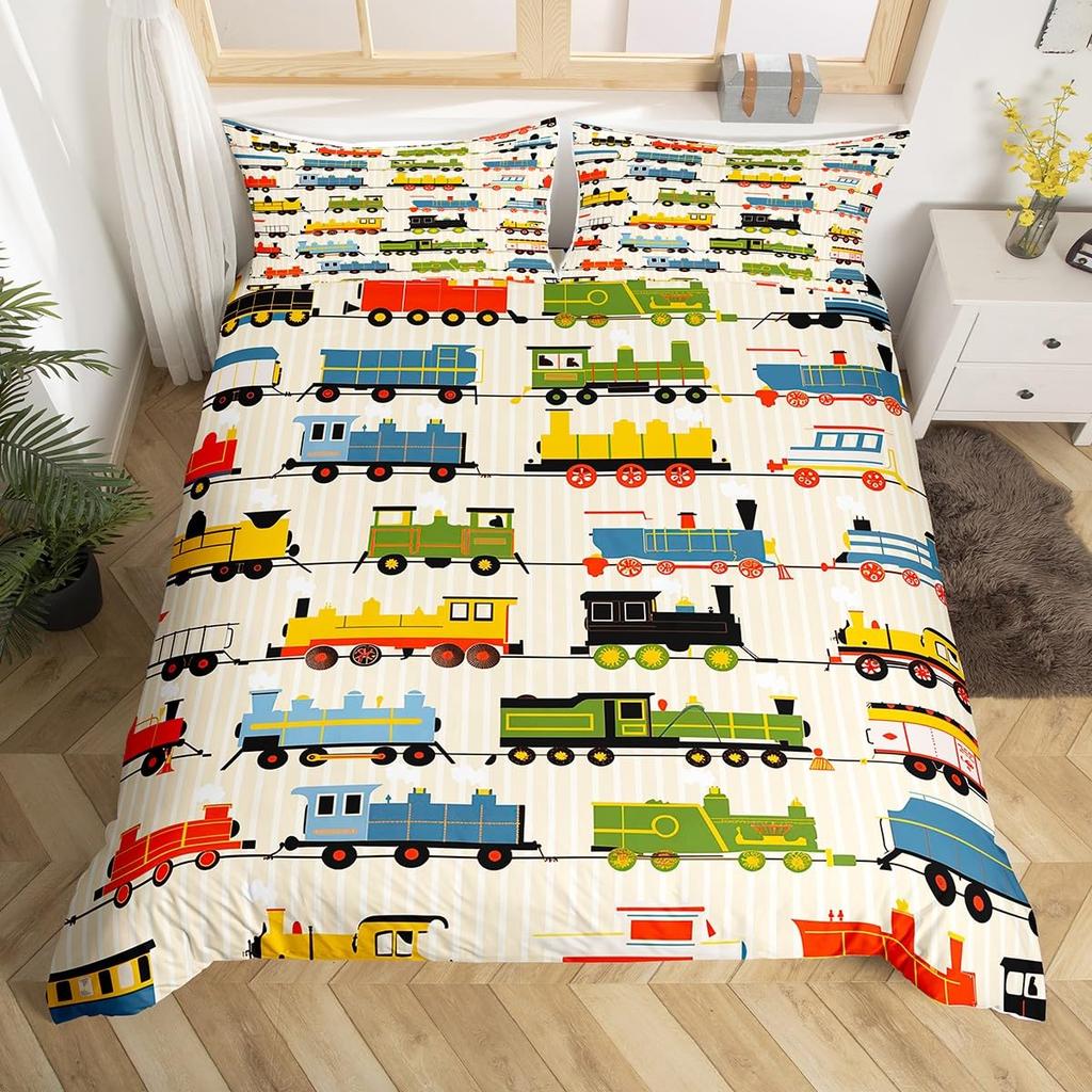 Cartoon Zug Bettwäsche Set Full Queen King Vintage Dampflok Bettdeckenbezug, Reise Eisenbahnstrecke Transport Bettbezug