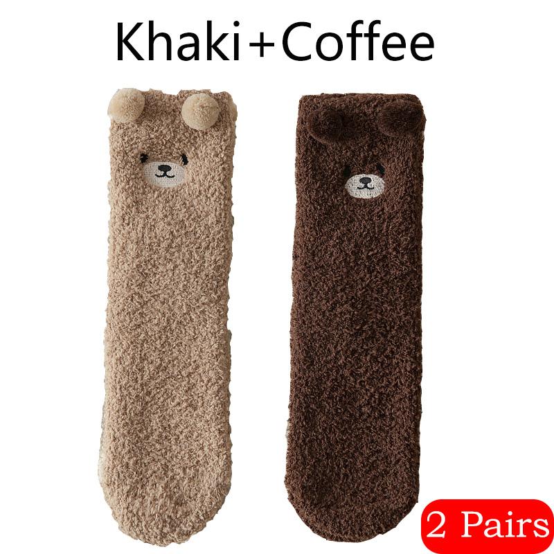 2 Pairs Coral Velvet Women's Socks Bear Thicken Plush Warm Sleep Fluffy Socks Cute Cartoon Lovely Floor Fleece Fuzzy Sock Winter