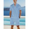 Men's Short-Sleeve Mandarin Collar Two-Piece Set | Textured Casual Shirt & Shorts Outfit