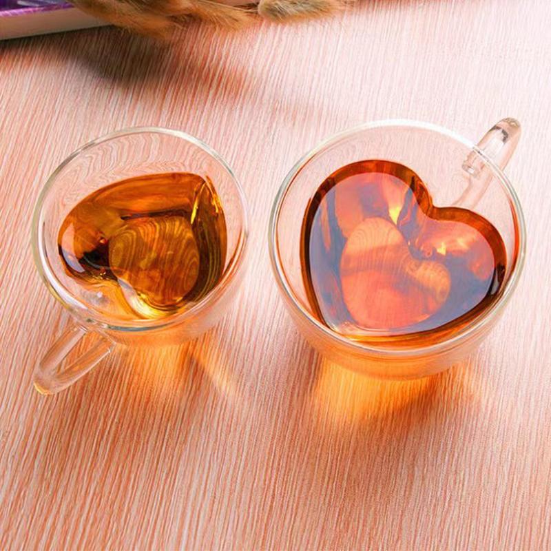 Anti-scald Heart Shaped Glass Cup Double Walled Insulated Glass Coffee Mug Double Wall Glass Clear Unique Insulated with Handle