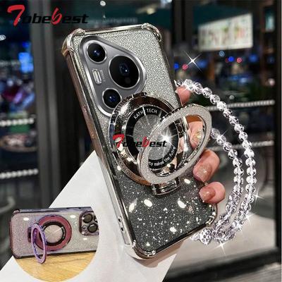 Shockproof Glitter Plating Crystal Bracelet Magsafe Phone Holder Case For Huawei Pura 70 Ultra P60 P50 P40 P30 Lite Pro Cover