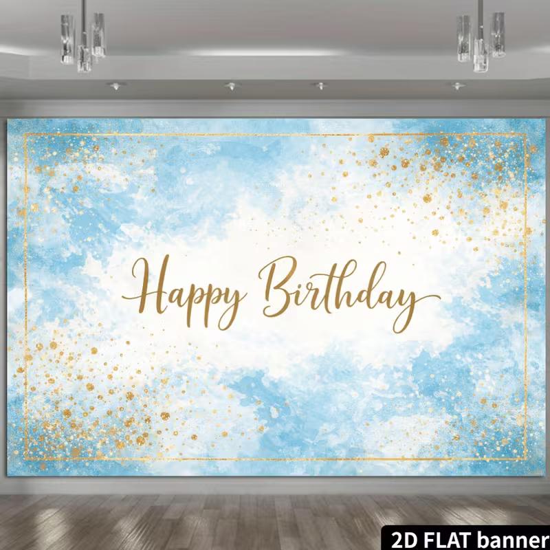 2D Elegant Watercolor Blue Happy Birthday Backdrop Banner Party Decoration