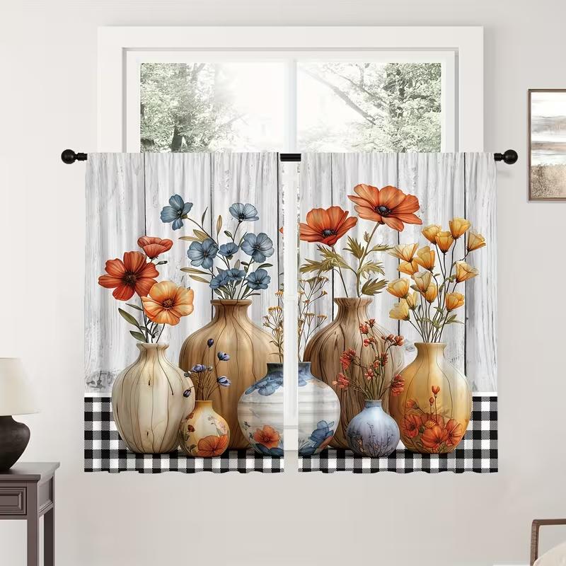 Set Of 2 Retro Vase Print Curtains Suitable Bedroom Living Room Kitchen Decoration Home Window Curtain Polyester Ideal For Area