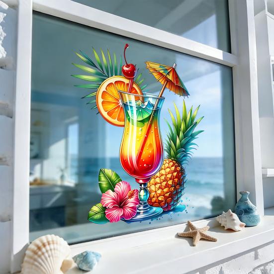 Adesivi Statici per Finestre Estivi Tema Tropicale Cocktail Fiore d'Ananas Adesivi per Finestre Festa in Spiaggia Piscina Vetro Decalcomanie per Casa Ufficio Festa Hawaiana