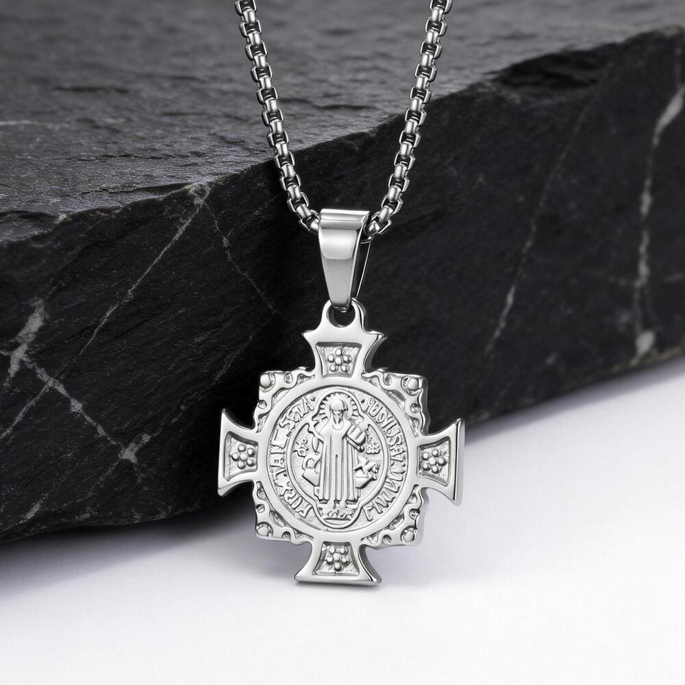 Saint Benedict Medal Pendant Necklace for Men,Waterproof Stainless Steel Saint Benedict Pendant,Faith Prayer Jewelry