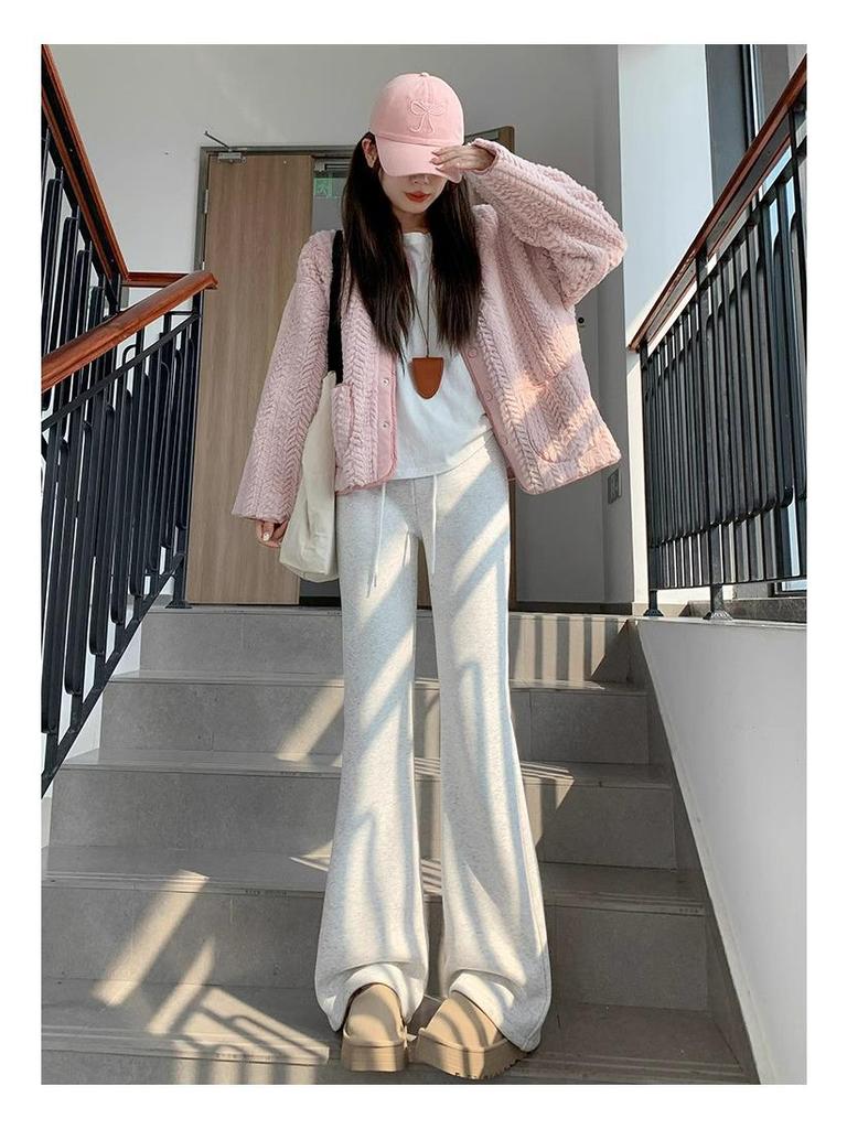 Petite High Waist Grey Flare Pants - Women's Slimming Yoga Sweatpants for Spring/Autumn