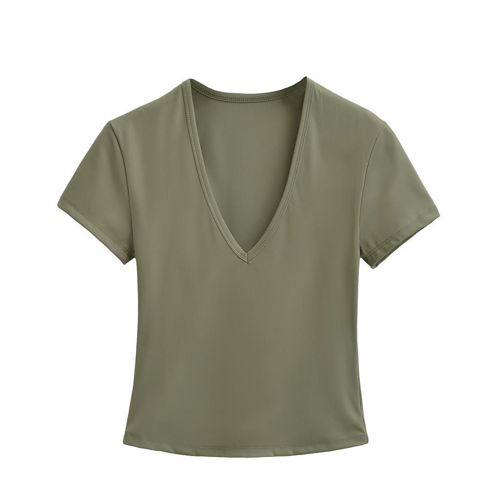 Deep V-neck Short-sleeved T-shirt Women's Summer New American Spice Girl Solid Color Slim-fitting and Thin Bottoming Shirt Sports Top