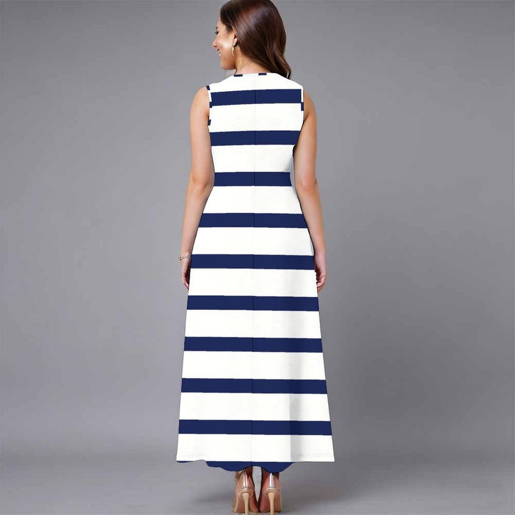 Oversized Women Sleeveless Round Neck Dress Striking Large Floral Pattern Loose Calf Length Gown