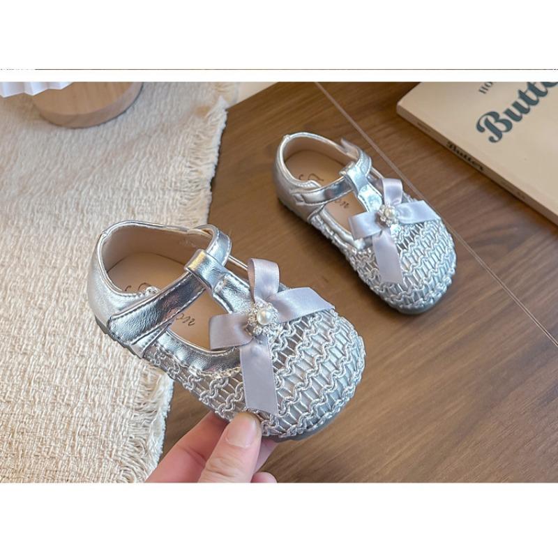 Girls Breathable Mesh Cutout Shoes With Pearl Bow