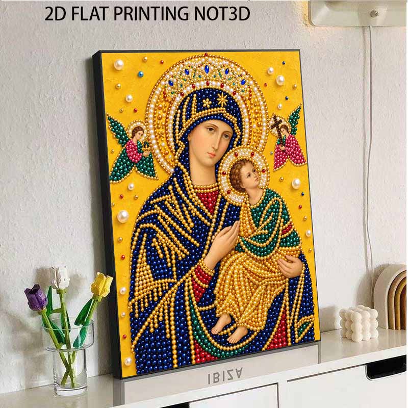 DIY Framed Pearl Bead Art Kit Religious Madonna and Child Pattern Sparkling Canvas Painting for Modern Room Wall Decor Gift