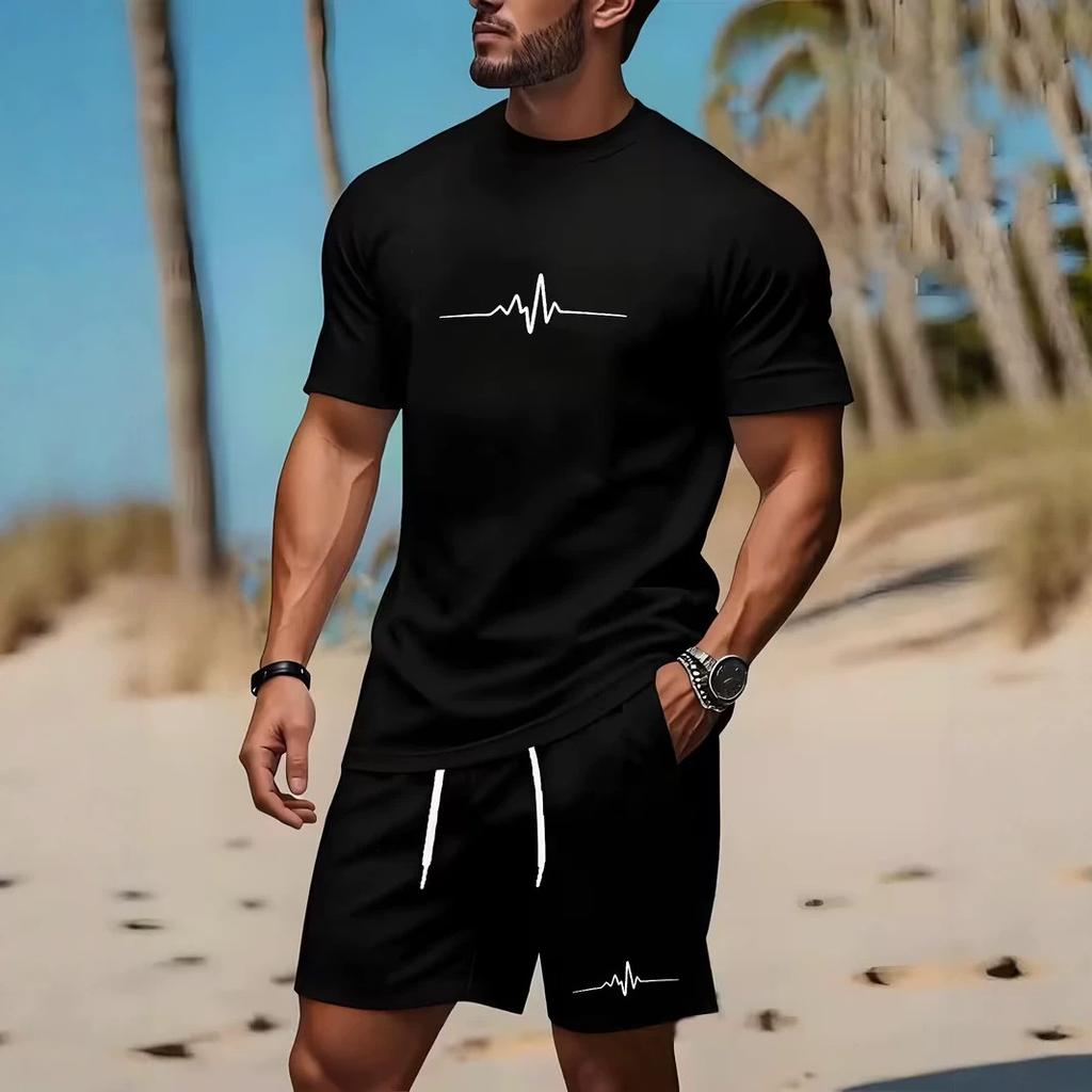 Summer Men's 3D Printed Casual Sports Loose Fashionable Comfortable Round Neck Short Sleeved Shorts Set Letter Stripe Pattern Sports Wear