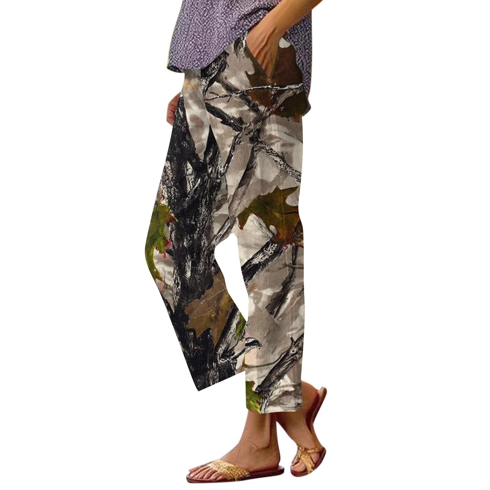 Women s fashion printed pocket elastic waist casual pants XL
