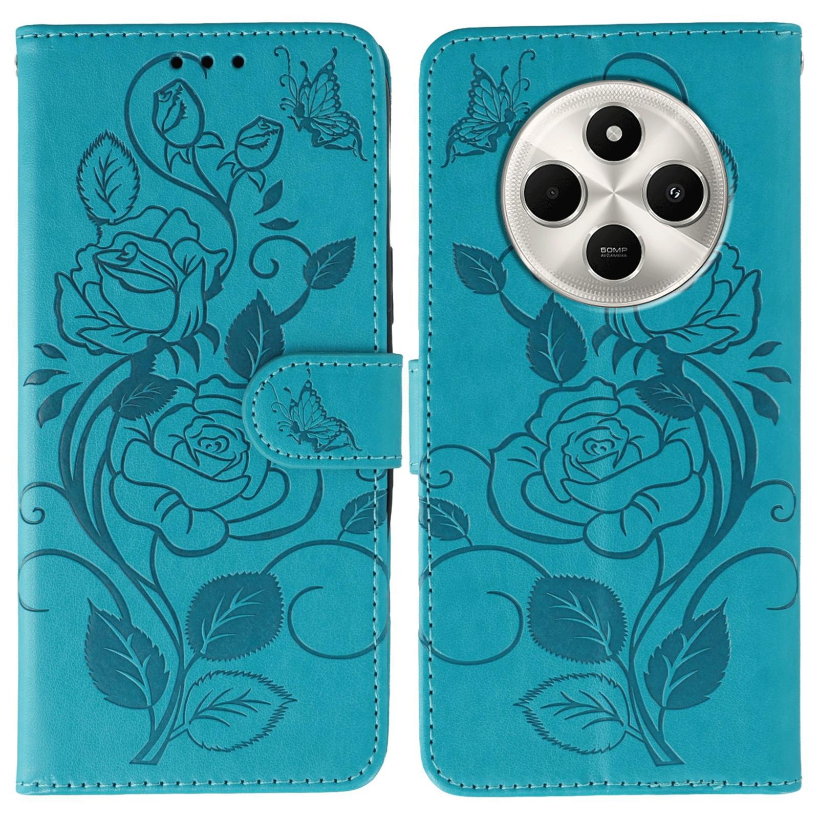 

Phone Case For Xiaomi Poco C75 4G/Poco M7 5G/Redmi 14C 4G/14R 5G Wallet Stand Imprinted Rose Butterfly PU Leather Cover Blue
